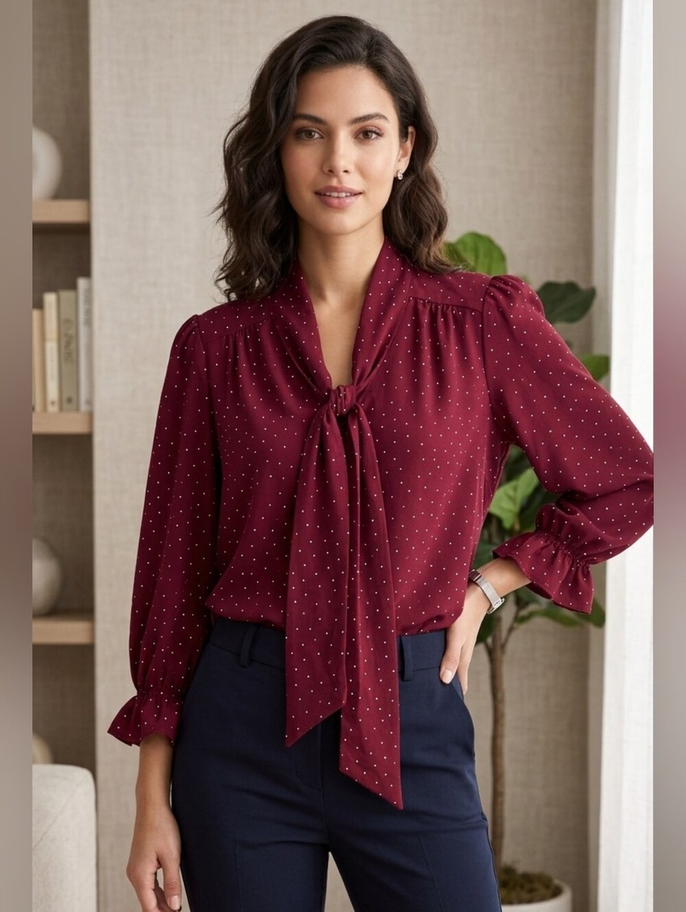 Long Sleeve Bow Tie Neck Shirt Maroon & Silver Metallic Polka Dots Size Med NWT